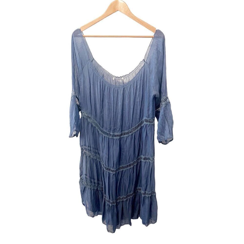 Baci Blue 100% Silk Boho Sheer Midi Dress